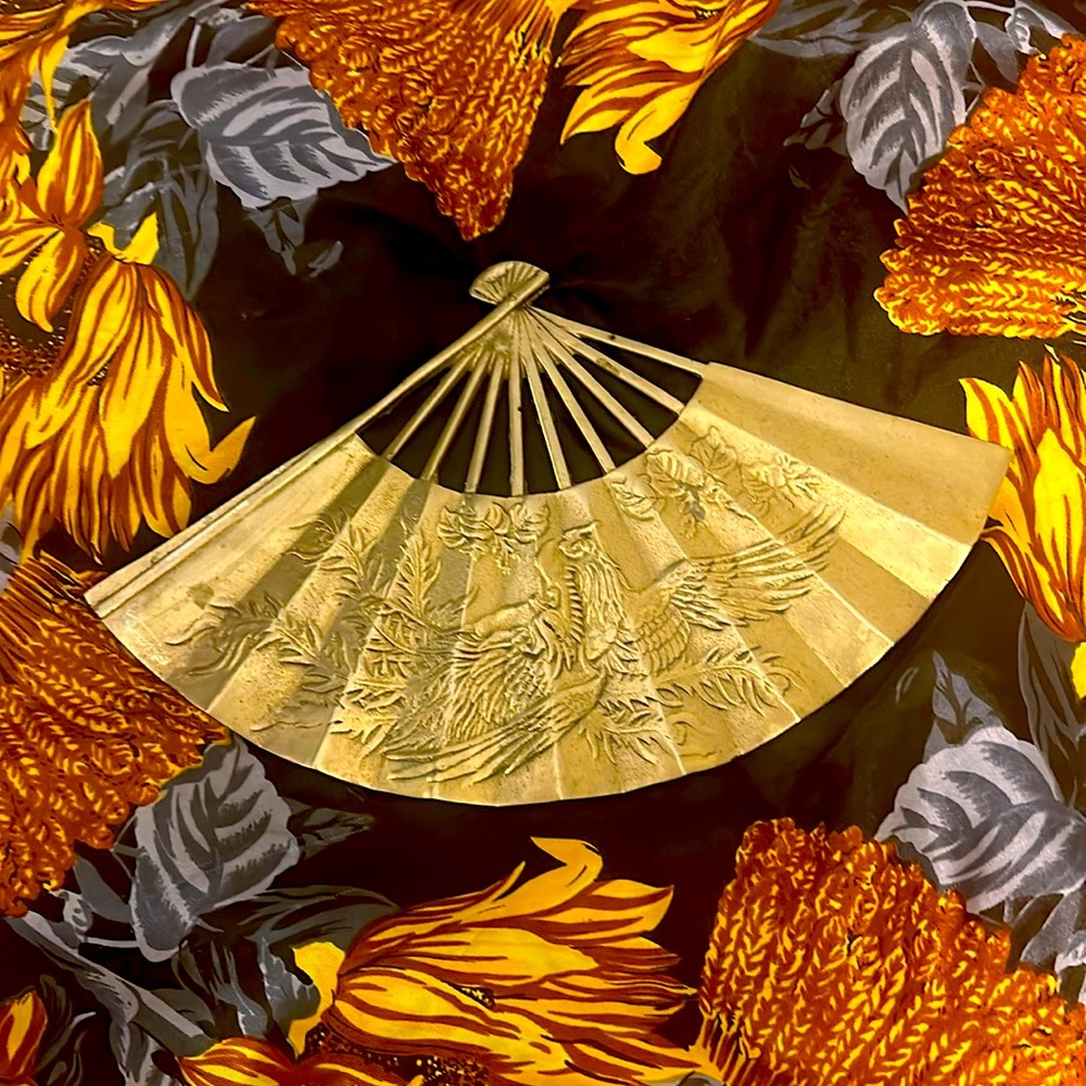 Vintage brass oriental dragon embossed fan wall decor
